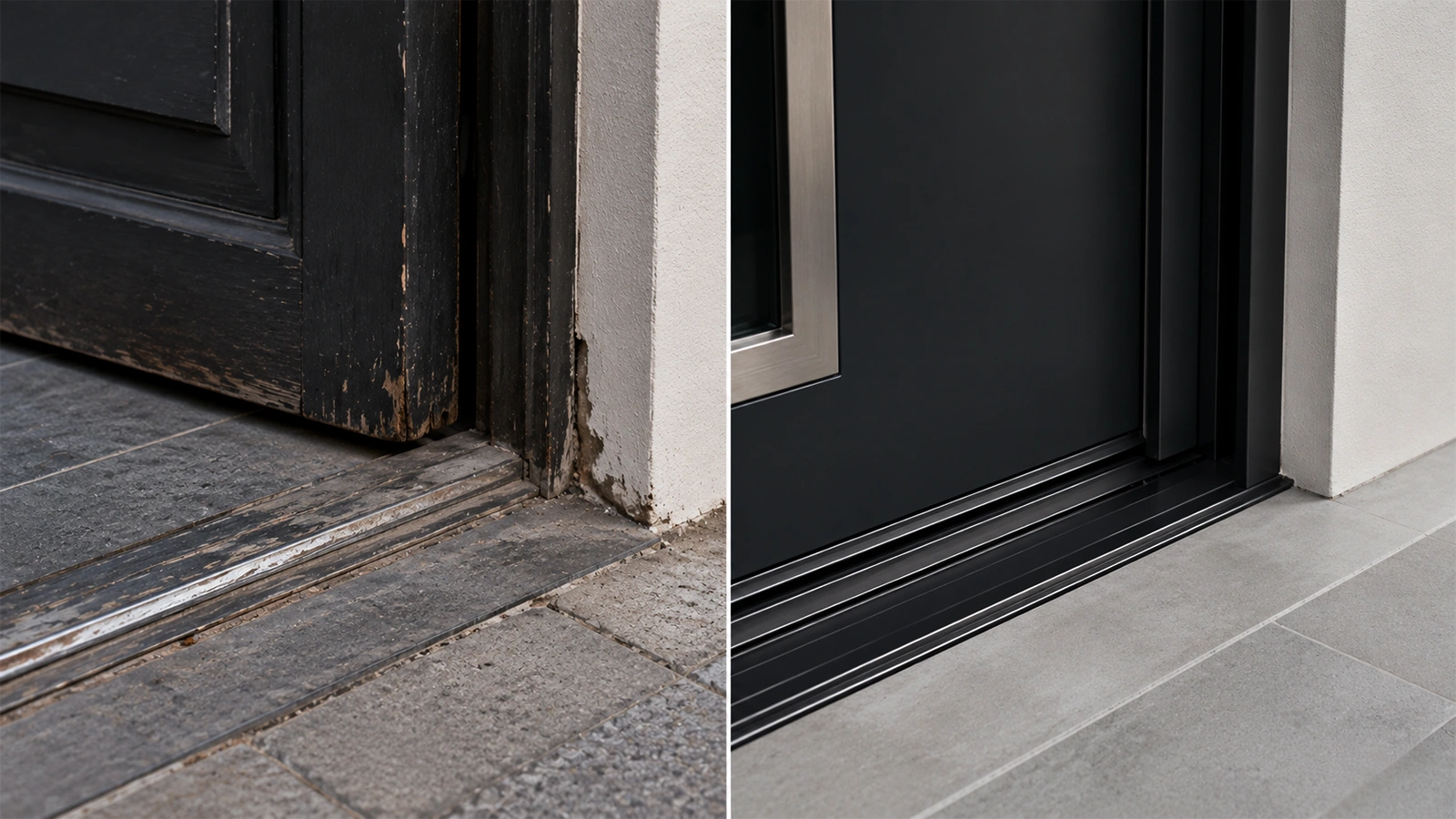 Austausch-Detail: alte vs. neue Schwelle Haustür-Austausch in Neuss: Detail von alter und neuer Schwelle
