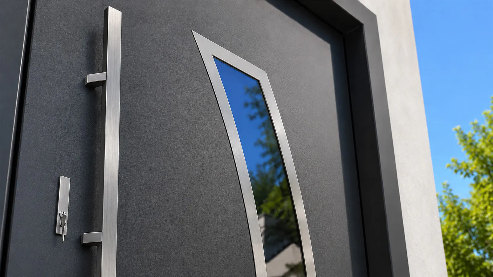 Beispiel: Haustürdetail mit Griff und Glas Beispiel für Oberfläche, Griff und Glas einer Haustür