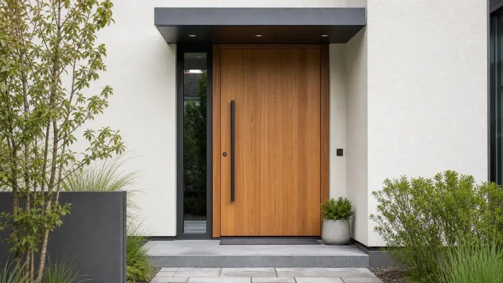 Moderne Holzhaustür mit sichtbarer Maserung an einem geschützten deutschen Hauseingang